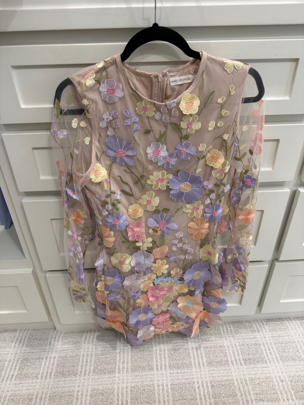 Avec Les Filles Nude Sheer Top with Pastel Floral Embroidery